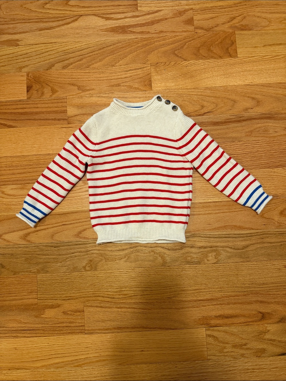 Mini Boden White Sweater with Red Stripes and Blue Cuff Accents